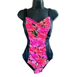 Vintage Sea Fashions One Piece Swimsuit 13 14 Floral Ruched ILGWU Pink Black 70s
